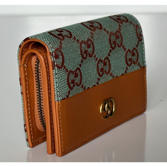 Gucci GG Leather/Canvas Compact Bifold Card Wallet Azure/Brown Italy 783121 NIB - Picture 2 of 12